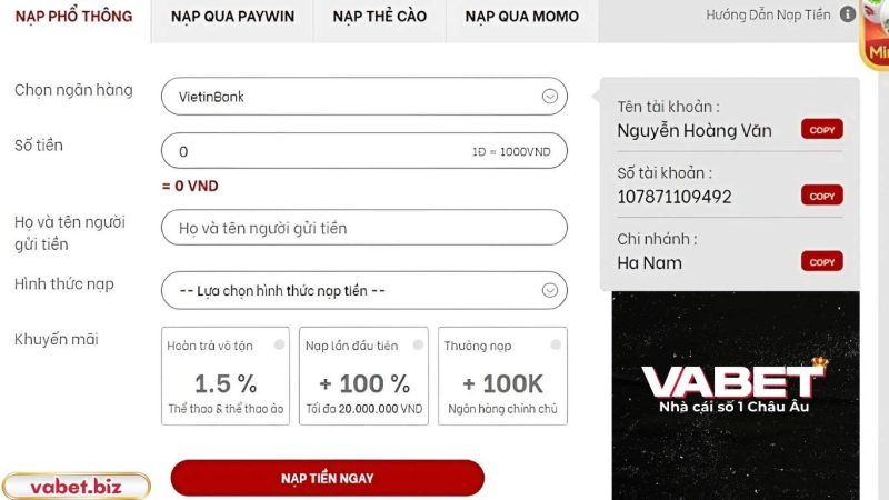 Hướng dẫn nạp tiền Vabet Hướng dẫn nạp tiền Vabet